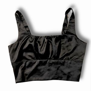 Black satin cropped tank top
